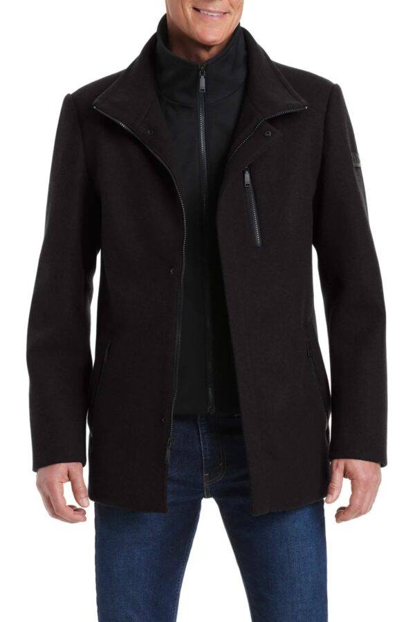 Men's Black Wool-Blend Coat with Zip Front and High Collar Dei Giovani